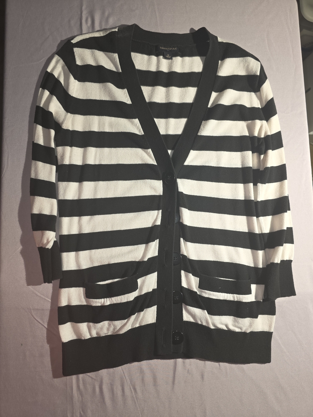 Banana Republic Black and White Striped Button-Front Cardigan Half-Sleeve